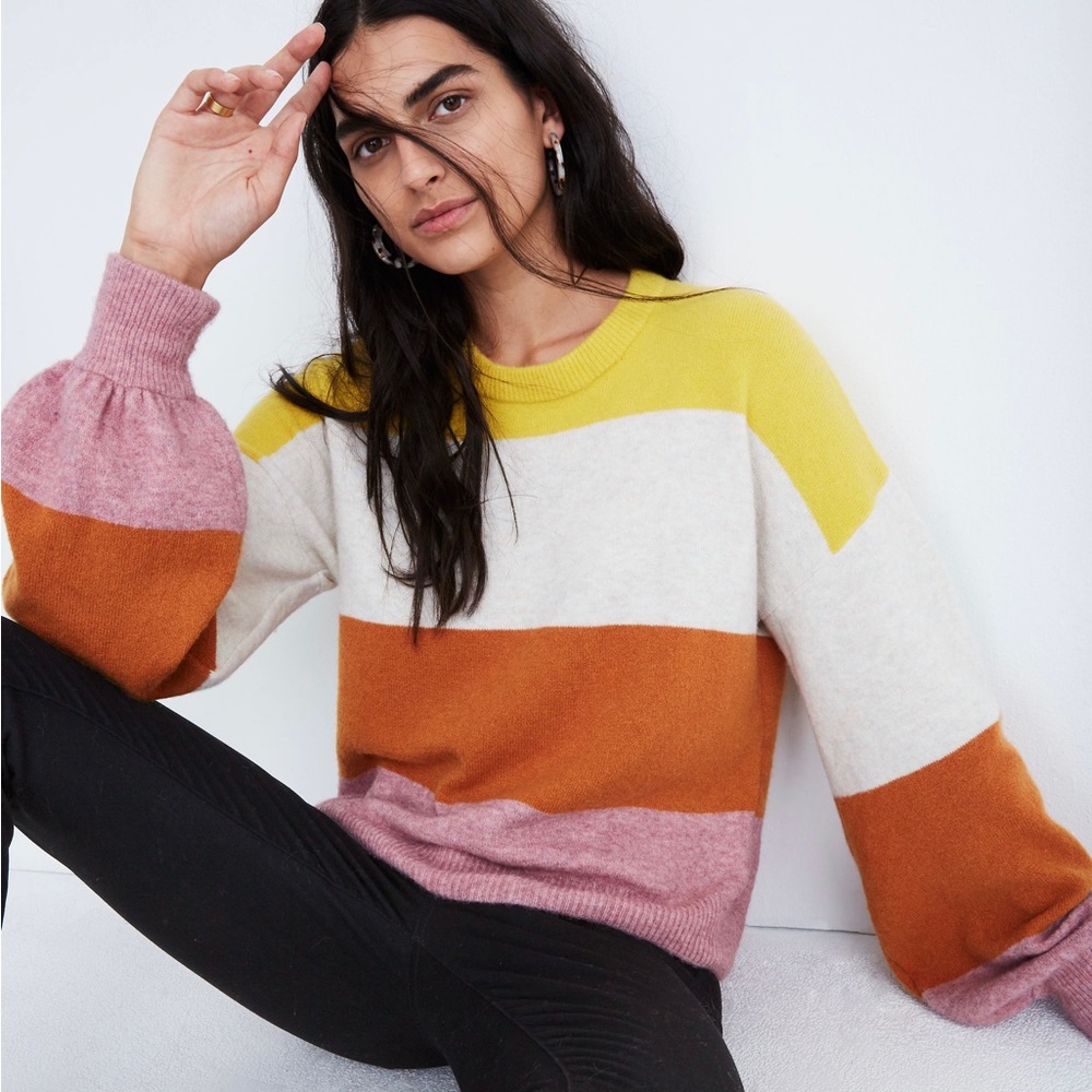 MADEWELL Yellow/Orange Striped Wool Blend Gladwell Balloon Sleeve Sweater, S - Picture 3 of 14